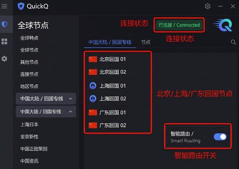 QuickQ 客户端中国大陆回国专线节点选择与连接